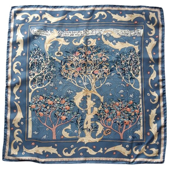 Liberty Wm Morris Collection Blue and Cream Silk Twill Vintage Scarf The Orchard - Picture 1 of 9